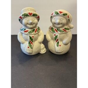Lenox Holiday Snowman Salt & Pepper Shakers Holly Berry Porcelain USA